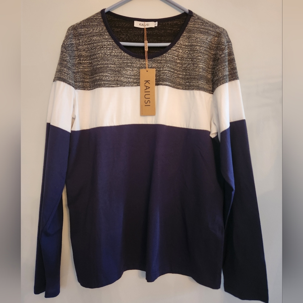 NWT Kaiusi Navy and Grey Stripe Womens Top.  GREAT FABRIC.  Size L